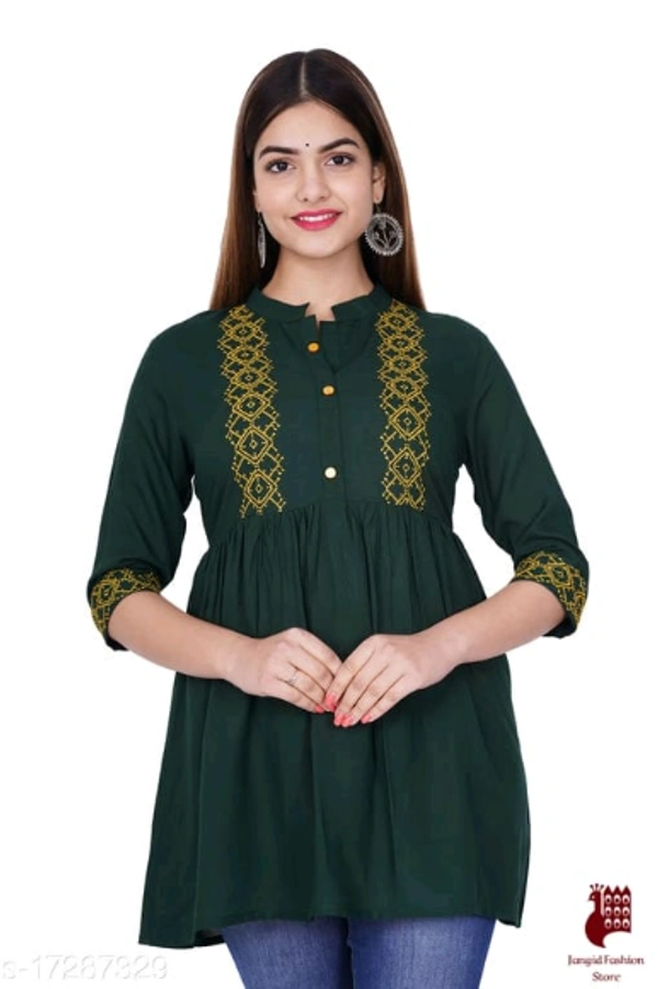 Abhisarika Petite Kurtis - 1, XXXL, Rayon, Embroidered, Three-Quarter Sleeves, GREEN