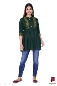 Abhisarika Petite Kurtis - 1, XXXL, Rayon, Embroidered, Three-Quarter Sleeves, GREEN