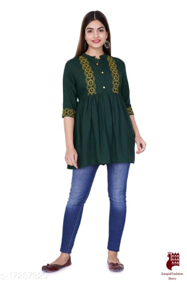 Abhisarika Petite Kurtis - 1, XXXL, Rayon, Embroidered, Three-Quarter Sleeves, GREEN