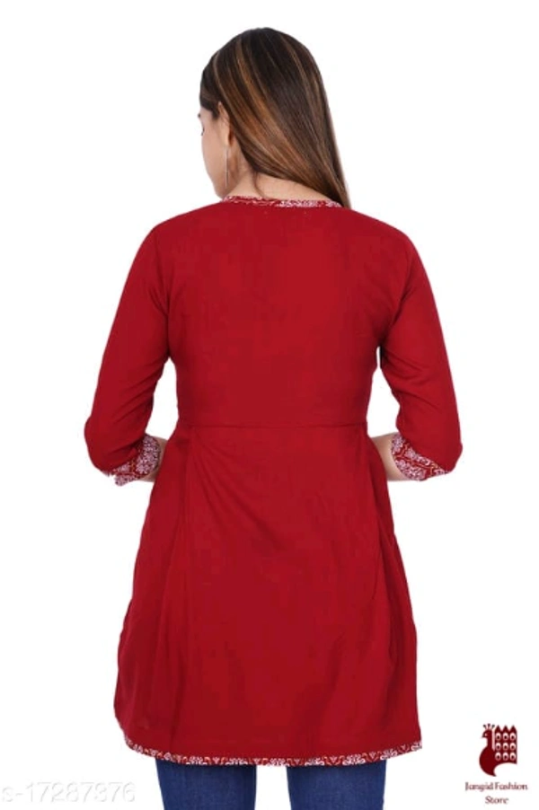 Trendy Sensational Kurtis Trendy Ensemble Kurtis - 1, XL, Rayon, Printed, Three-Quarter Sleeves, RED