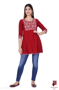 Trendy Sensational Kurtis Trendy Ensemble Kurtis - 1, L, Rayon, Printed, Three-Quarter Sleeves, RED