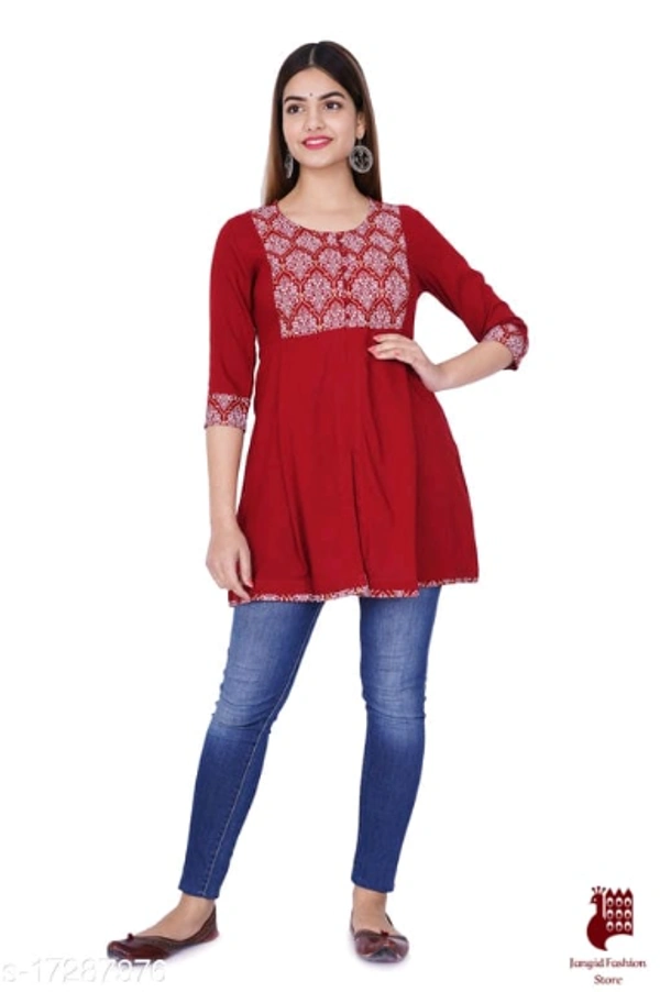 Trendy Sensational Kurtis Trendy Ensemble Kurtis - 1, L, Rayon, Printed, Three-Quarter Sleeves, RED