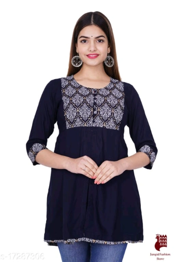 Kashvi Attractive Kurtis - 1, S, Rayon, Printed, Three-Quarter Sleeves, BLACK