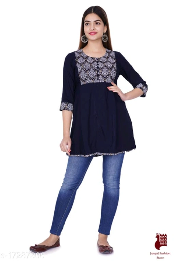 Kashvi Attractive Kurtis - 1, M, Rayon, Printed, Three-Quarter Sleeves, BLACK