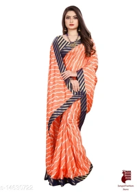 Henzila  Striped, Printed Leheria Silk Blend Saree (Orange, Blue) - orange, india, Silk Blend, 1, Striped, Free Size