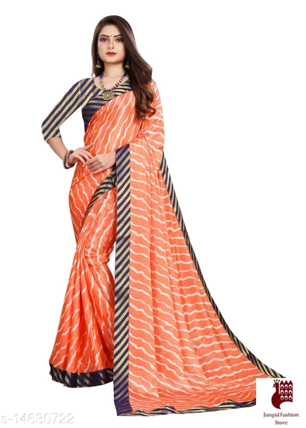 Henzila  Striped, Printed Leheria Silk Blend Saree (Orange, Blue) - orange, india, Silk Blend, 1, Striped, Free Size