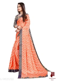 Henzila  Striped, Printed Leheria Silk Blend Saree (Orange, Blue) - orange, india, Silk Blend, 1, Striped, Free Size