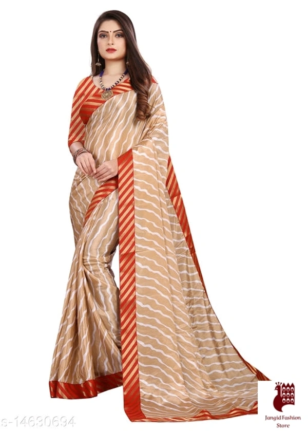 Henzila  Striped, Printed Leheria Silk Blend Saree (Beige, Red) - Red, India, Silk Blend, 1, Striped, Free Size