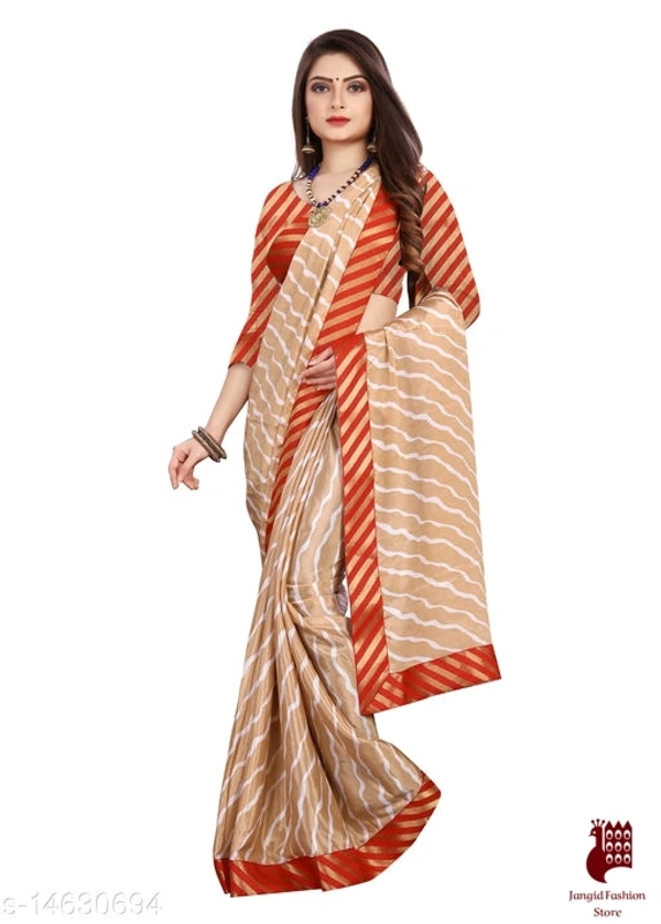 Henzila  Striped, Printed Leheria Silk Blend Saree (Beige, Red) - Red, India, Silk Blend, 1, Striped, Free Size