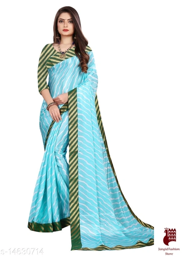 Henzila  Striped, Printed Leheria Silk Blend  Saree (Light Blue, Dark Green) - Light Blue, Dark Green, India, Silk Blend, 1, Striped, Free Size