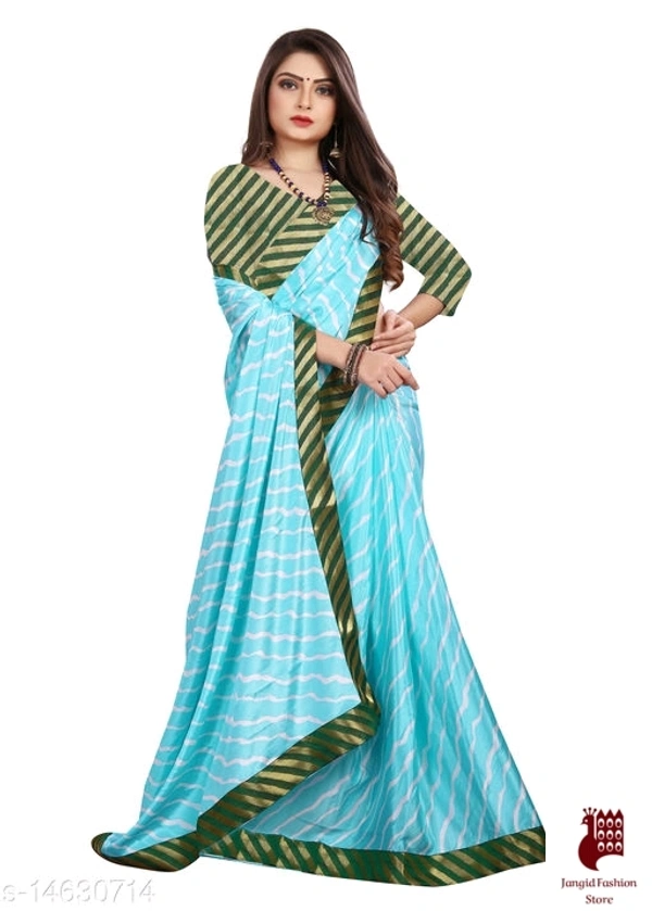 Henzila  Striped, Printed Leheria Silk Blend  Saree (Light Blue, Dark Green) - Light Blue, Dark Green, India, Silk Blend, 1, Striped, Free Size