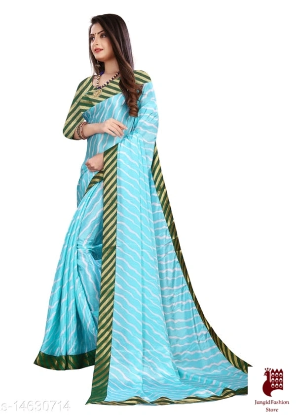 Henzila  Striped, Printed Leheria Silk Blend  Saree (Light Blue, Dark Green) - Light Blue, Dark Green, India, Silk Blend, 1, Striped, Free Size