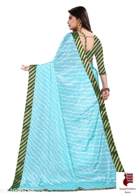 Henzila  Striped, Printed Leheria Silk Blend  Saree (Light Blue, Dark Green) - Light Blue, Dark Green, India, Silk Blend, 1, Striped, Free Size