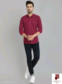 Men Cotton Striped Shirt - 1, M, Long Sleeves, Striped, INDIA, RED, Cotton