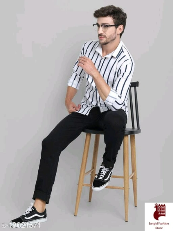 Men Cotton Striped Shirt - 1, XL, Long Sleeves, Striped, INDIA, WHITE, Cotton