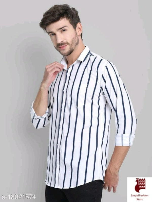 Men Cotton Striped Shirt - 1, XL, Long Sleeves, Striped, INDIA, WHITE, Cotton