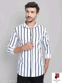 Men Cotton Striped Shirt - 1, XL, Long Sleeves, Striped, INDIA, WHITE, Cotton