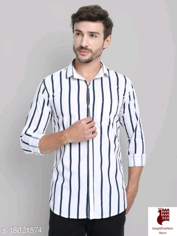 Men Cotton Striped Shirt - 1, XL, Long Sleeves, Striped, INDIA, WHITE, Cotton