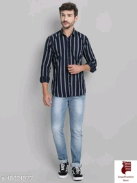 Men Cotton Striped Shirt - 1, M, Long Sleeves, Striped, INDIA, BLACK, Cotton