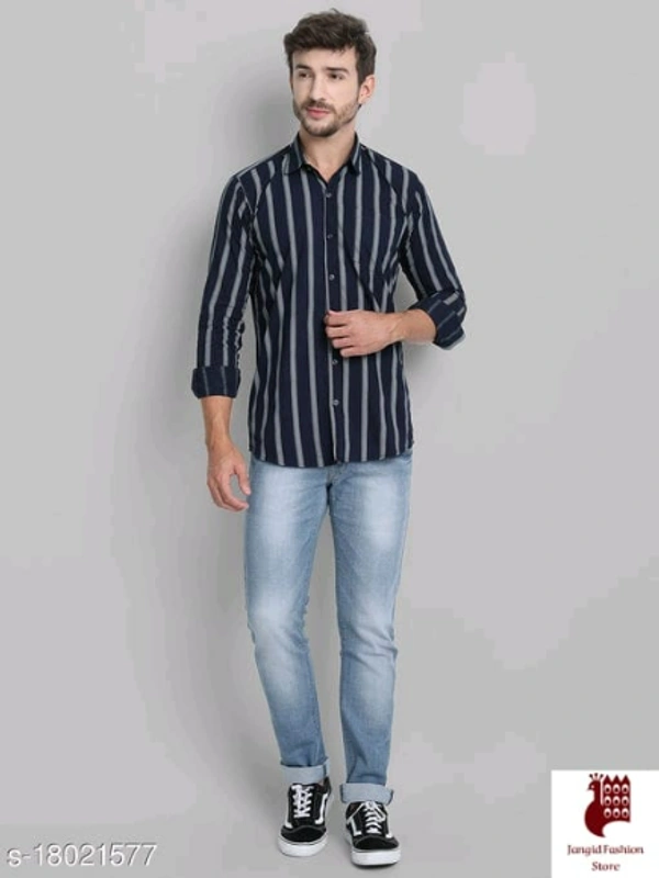 Men Cotton Striped Shirt - 1, M, Long Sleeves, Striped, INDIA, BLACK, Cotton