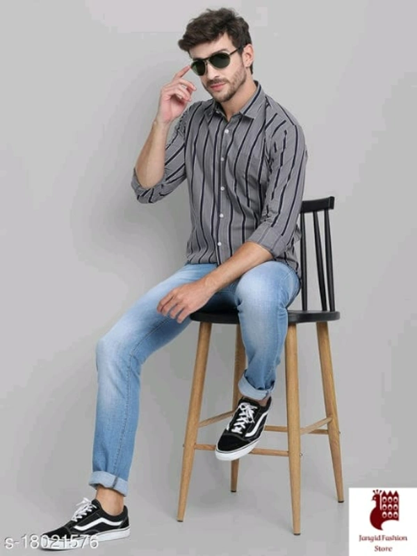 Men Cotton Striped Shirt - 1, M, Long Sleeves, Striped, INDIA, GRAY, Cotton