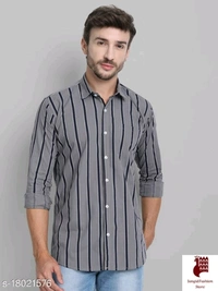Men Cotton Striped Shirt - 1, M, Long Sleeves, Striped, INDIA, GRAY, Cotton