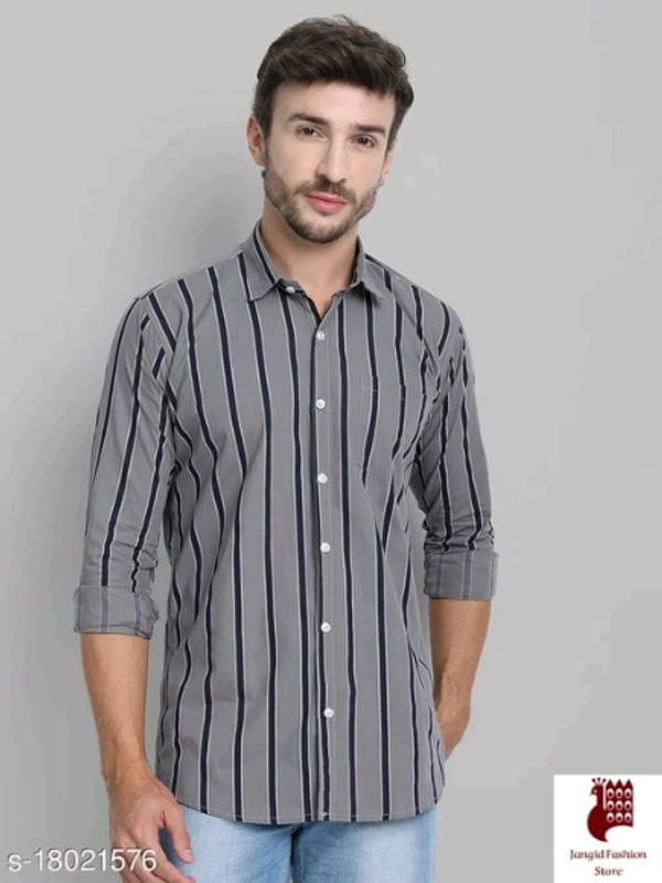 Men Cotton Striped Shirt - 1, M, Long Sleeves, Striped, INDIA, GRAY, Cotton