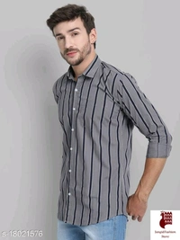 Men Cotton Striped Shirt - 1, M, Long Sleeves, Striped, INDIA, GRAY, Cotton