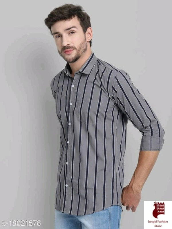 Men Cotton Striped Shirt - 1, M, Long Sleeves, Striped, INDIA, GRAY, Cotton