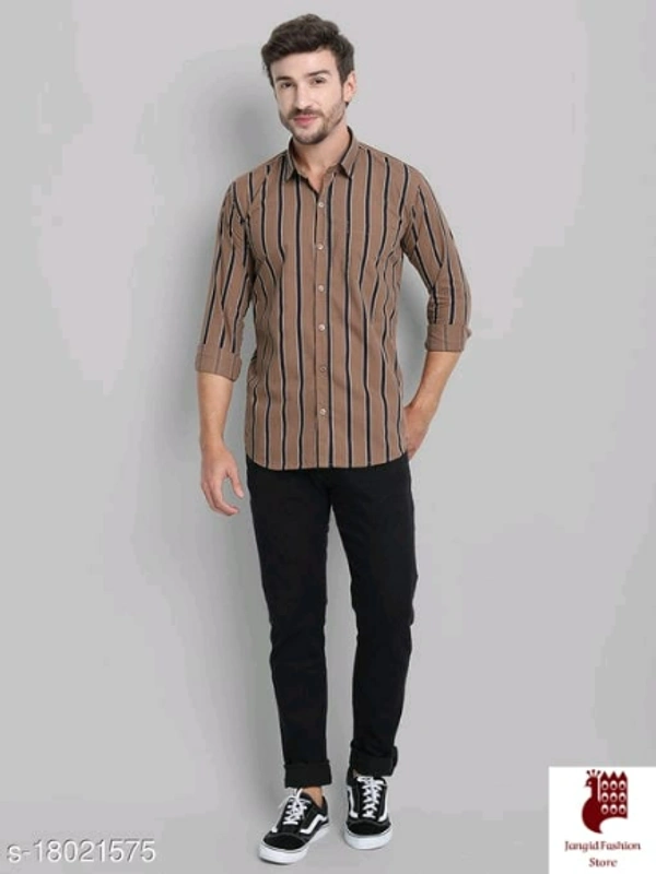 Men Cotton Striped Shirt - 1, L, Long Sleeves, Striped, INDIA, BROWN, Cotton