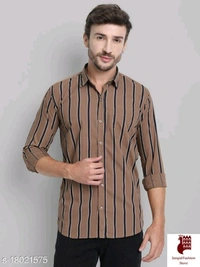 Men Cotton Striped Shirt - 1, L, Long Sleeves, Striped, INDIA, BROWN, Cotton
