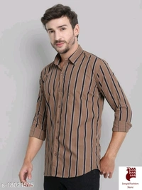 Men Cotton Striped Shirt - 1, L, Long Sleeves, Striped, INDIA, BROWN, Cotton