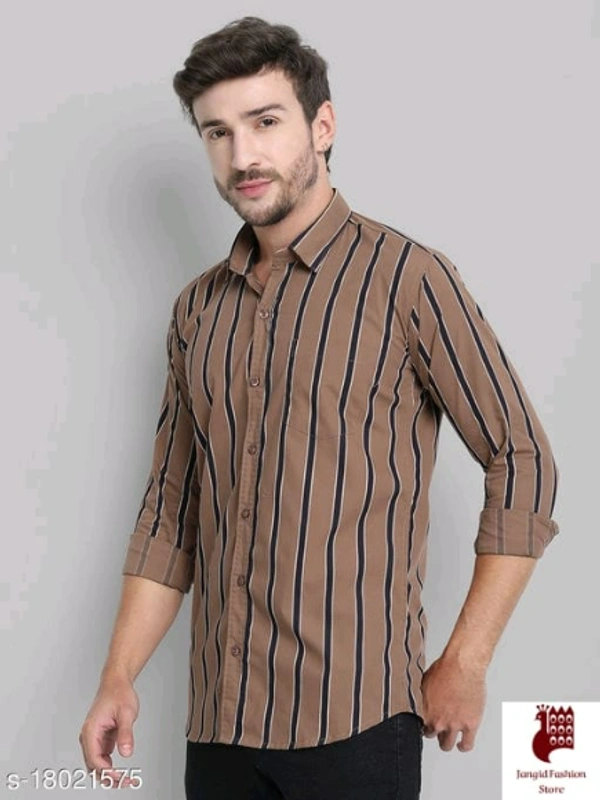 Men Cotton Striped Shirt - 1, L, Long Sleeves, Striped, INDIA, BROWN, Cotton