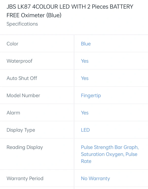 Oximeter JK87 4 Colour LED With 2 Piece Battery