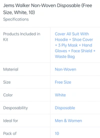 PPE KIT JAMES Walker Non Woven Disposable - white, Free size
