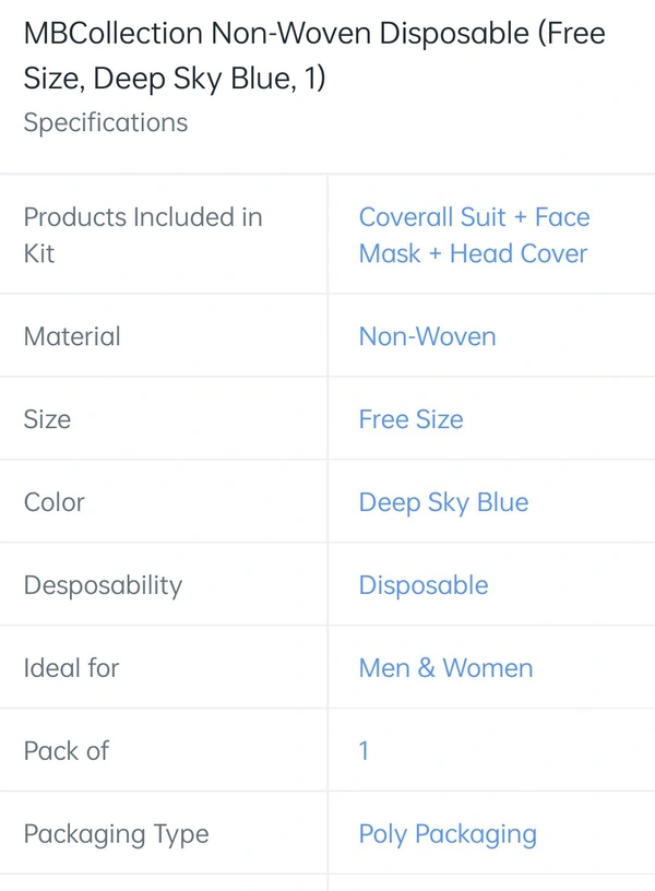 PPE KIT MB Collection Non Woven Disposable - Sky blue, Free size