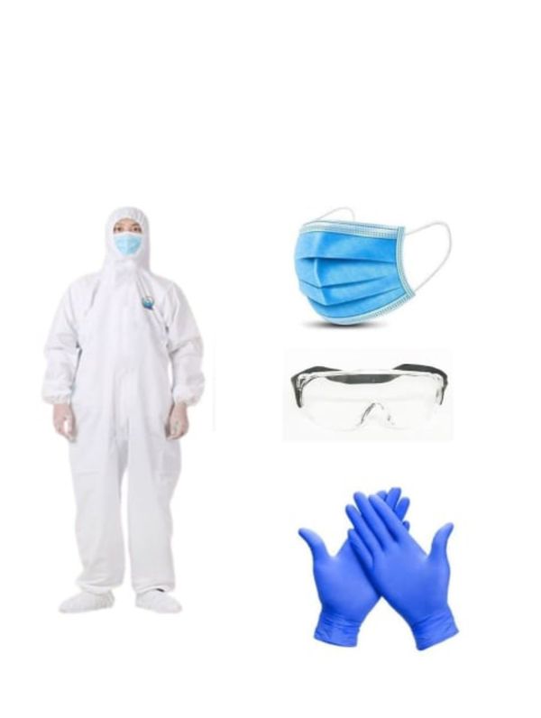 PPE KIT WITH FULL BODY Coverall Latex Gloves Face Mask Safety Goggles - White, Free Size