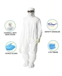 PPE KIT WITH FULL BODY Coverall Latex Gloves Face Mask Safety Goggles - White, Free Size
