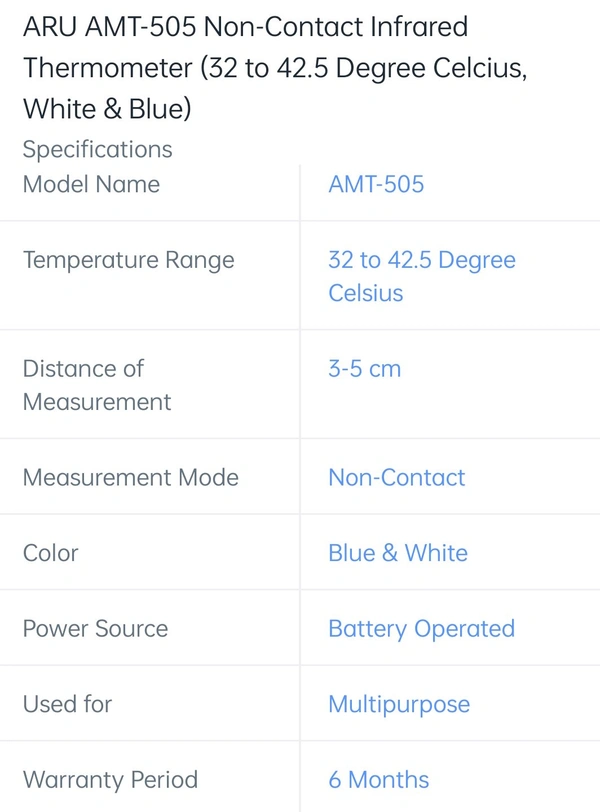 Thermometer ARU AMT 505 Non Contact Infrared Thermometer ( 32 To 42.5 Degree Celsius )