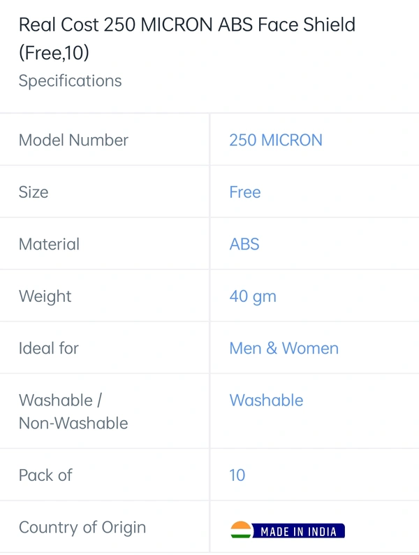 Real Cost  250 Micron ABS Face Shield