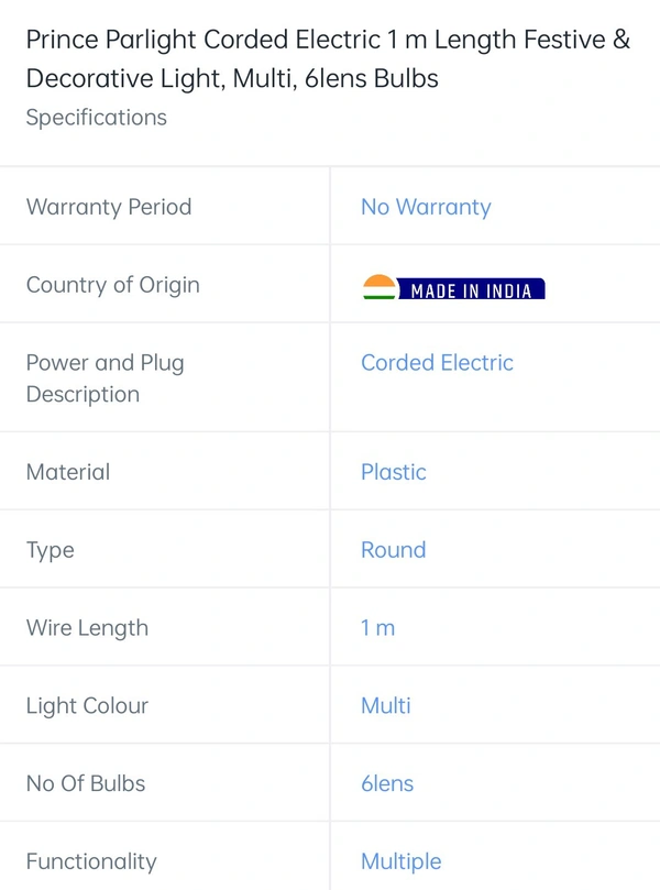 Prince Parlight Corded Electric 1m Multi 6lens Bulbs - 1m