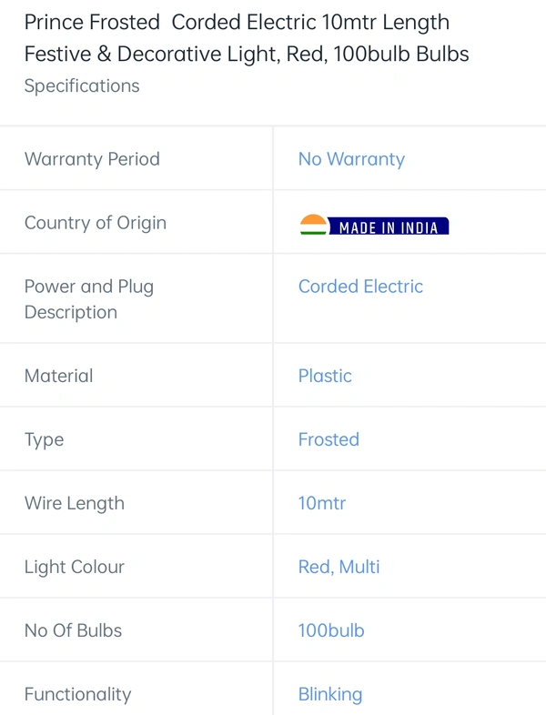 Prince Frosted Corded Electric 10 Mtr, Red,100 Bulbs - 10 mtrs