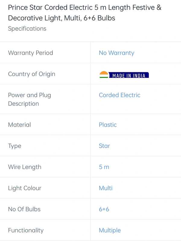 Prince Star Corded Electric 5M , Multi 6+6 Bulbs - 5m