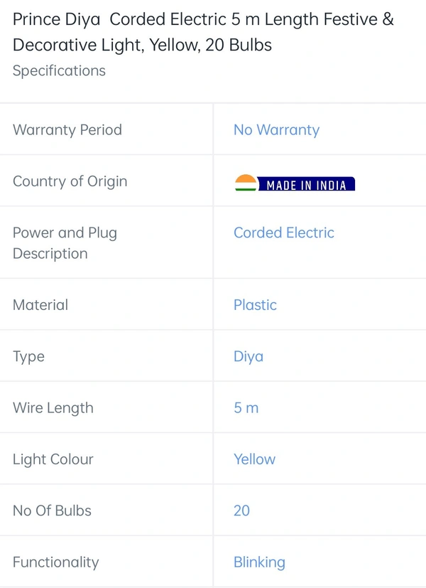 Prince Diya Corded Electric 5mtr , Yellow ,20 Bulbs - 5mtr