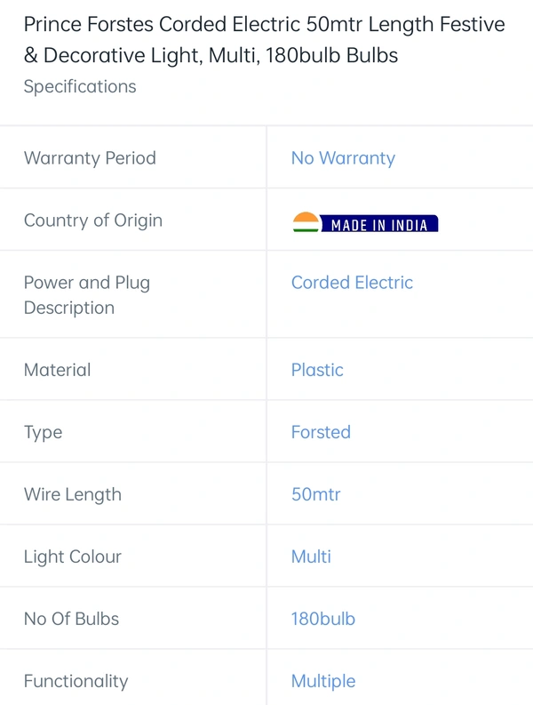 Prince Frosted Corded Electric 50 Mtr 180 Bulbs - 50mtrs