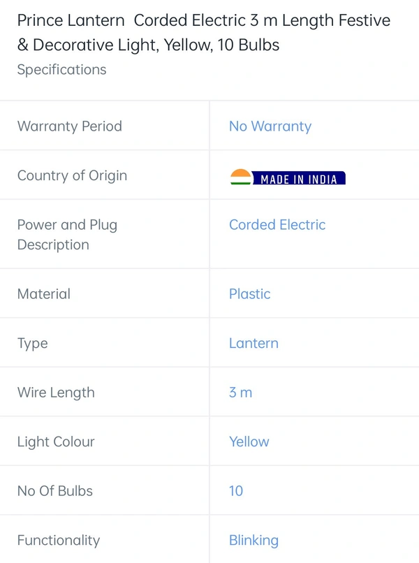Prince Lantern Corded Electric 3mtr Yellow 10 Bulbs