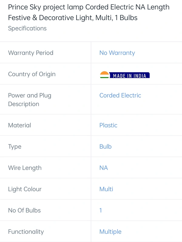 Prince Sky Project Lamp Corded Electric Multi 1 Bulb - multi