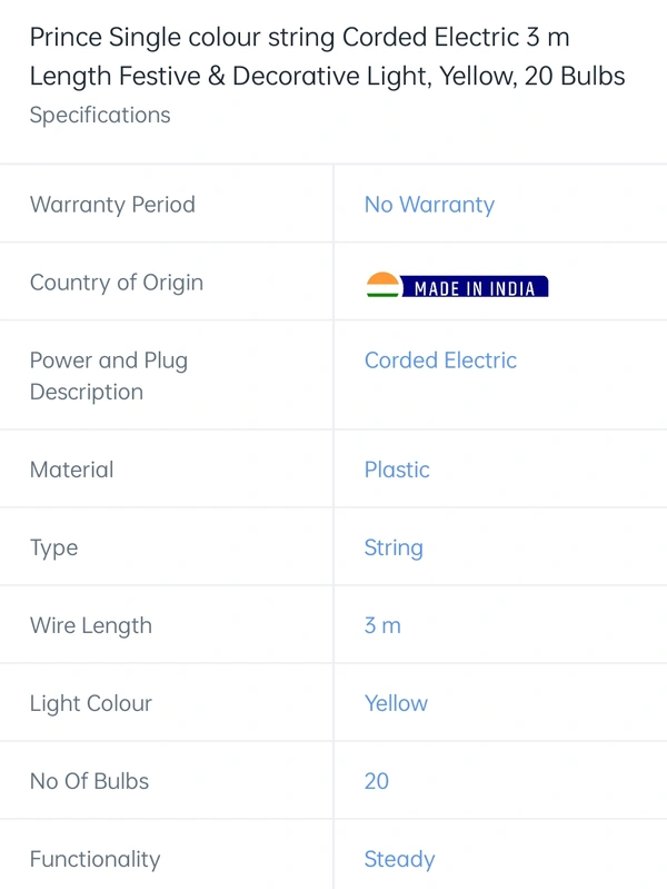 Prince Colour String Corded Electric 3mtr 20 Bulbs