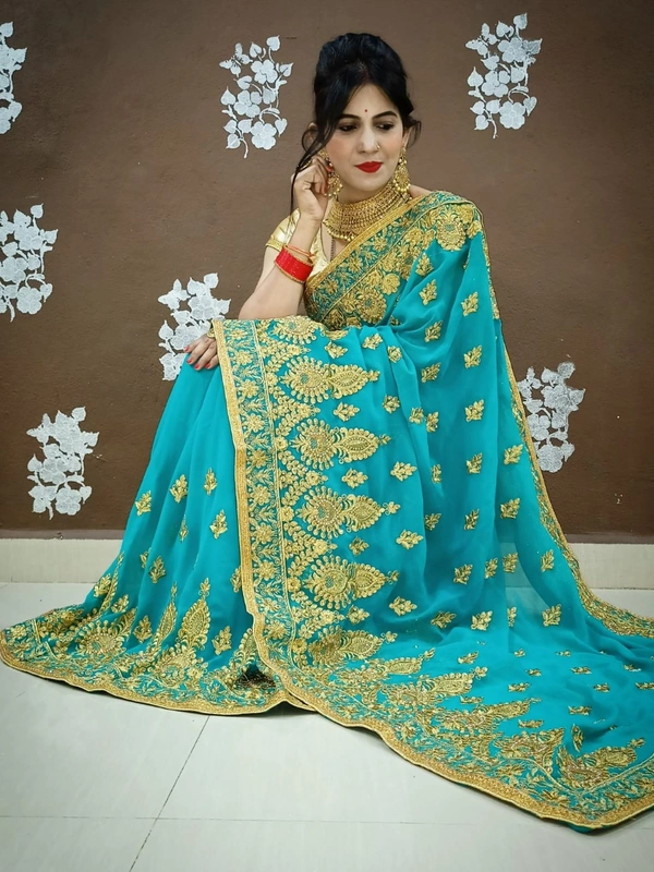 Stone And Emrodery Work Saree
