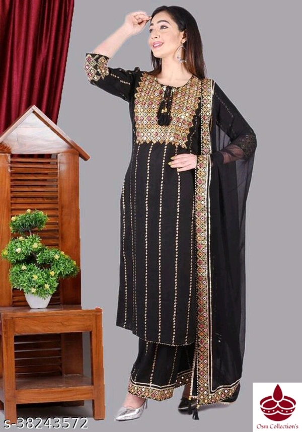 Emrodered Kurta Plazo And Duppata - Xl